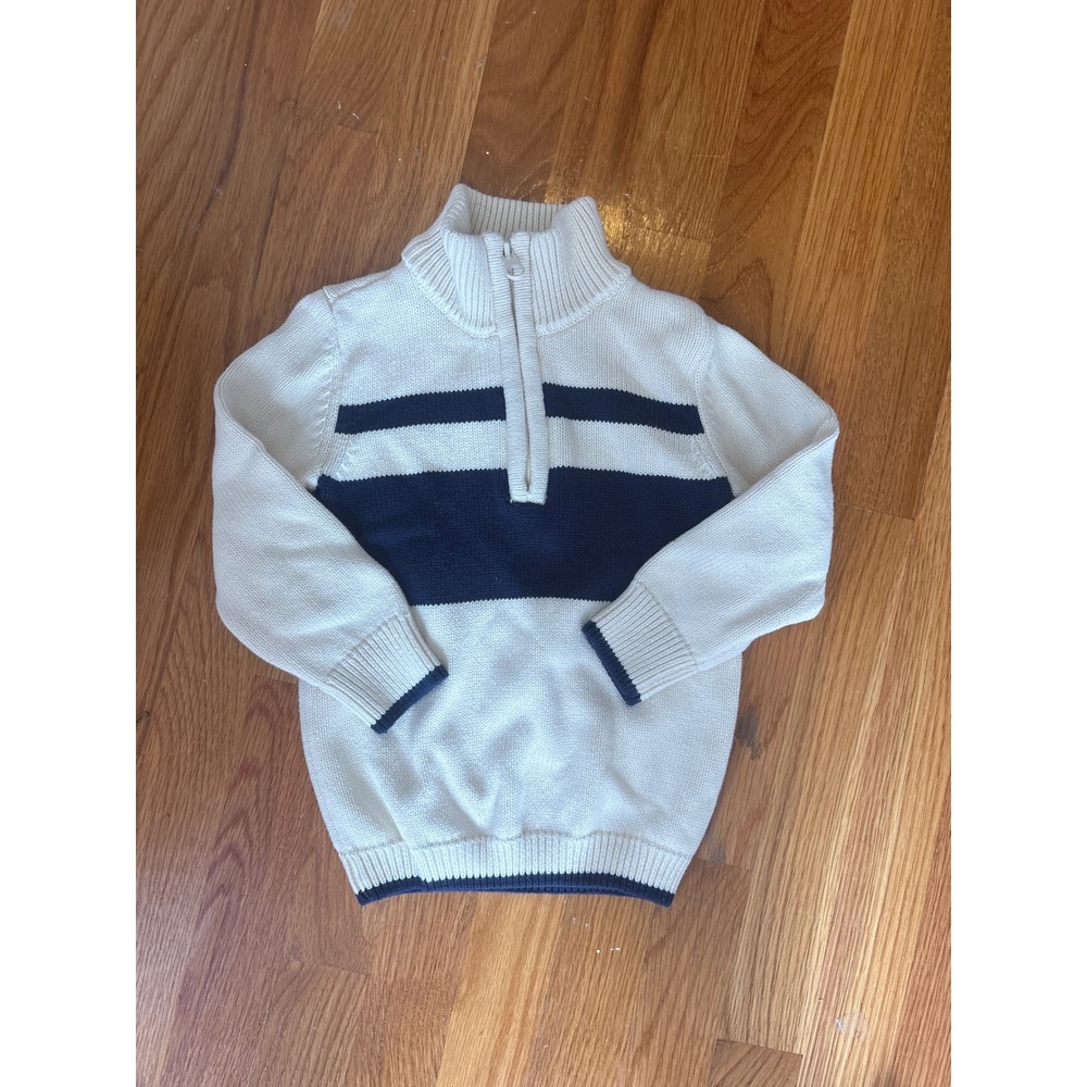 Minnow Kids Cream Navy Blue Striped Quarter Zip Cotton Knit Sweater Size 3/4T
